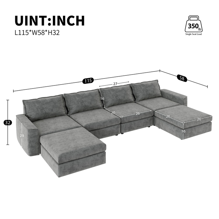 115*58" Chenille Modular Sectional Sofa,U Shaped Reversible Couch,Free Combination,6 Seat Sleeper Sofa Bed with Ottoman,Convertible Oversized Indoor Furniture for Living Room,Gray
