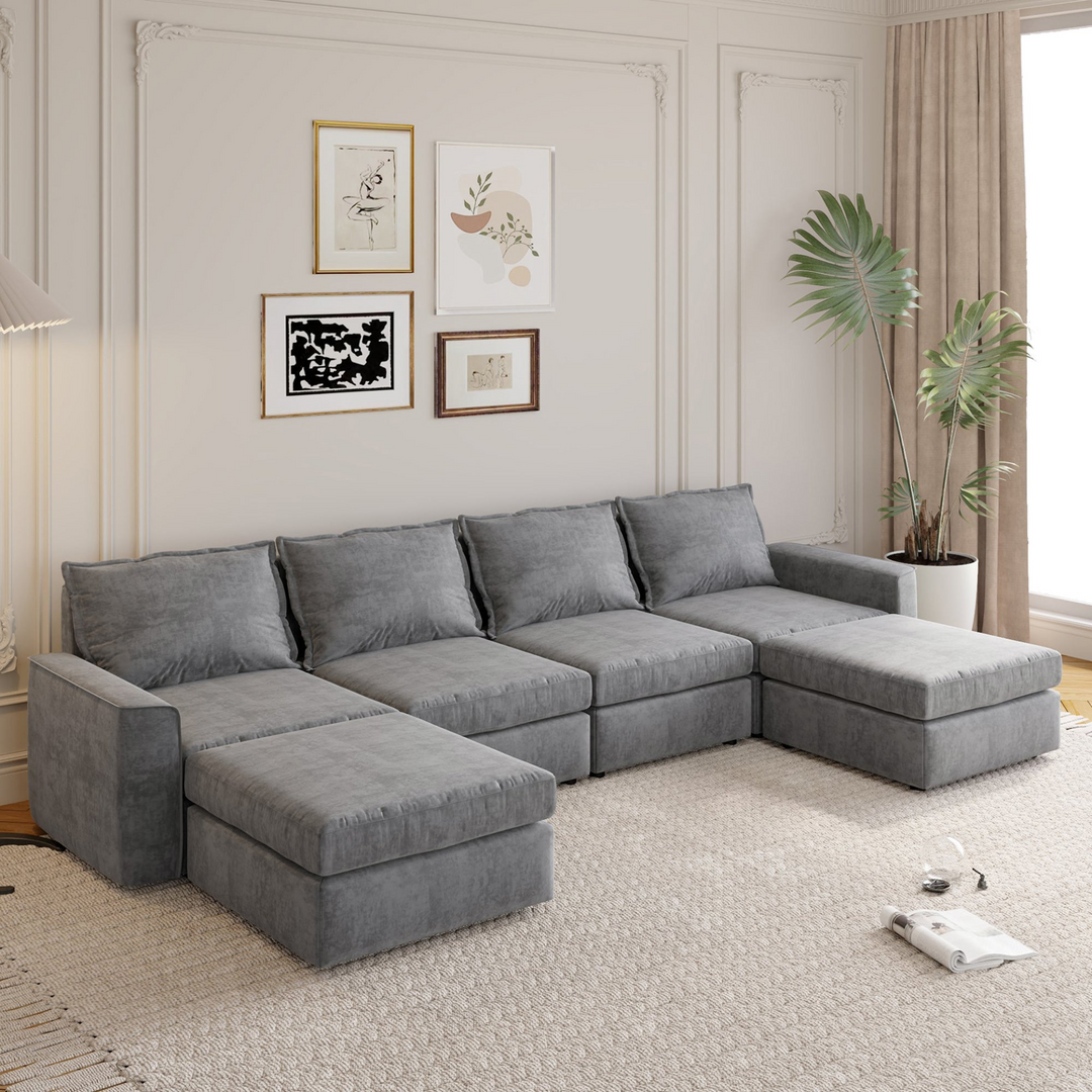 115*58" Chenille Modular Sectional Sofa,U Shaped Reversible Couch,Free Combination,6 Seat Sleeper Sofa Bed with Ottoman,Convertible Oversized Indoor Furniture for Living Room,Gray