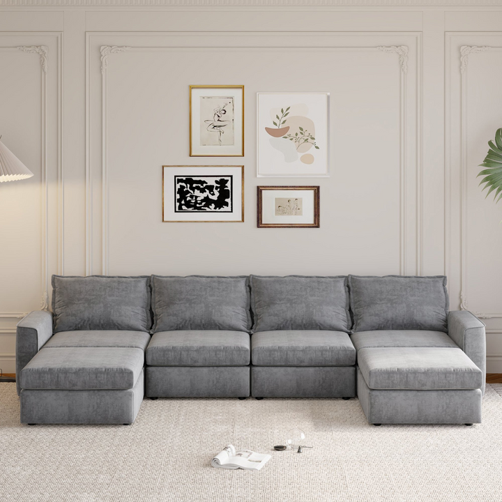115*58" Chenille Modular Sectional Sofa,U Shaped Reversible Couch,Free Combination,6 Seat Sleeper Sofa Bed with Ottoman,Convertible Oversized Indoor Furniture for Living Room,Gray