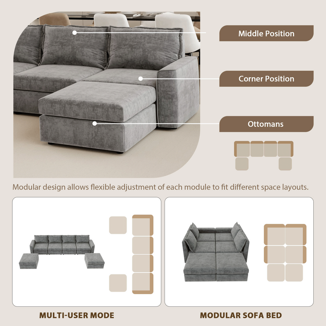 115*58" Chenille Modular Sectional Sofa,U Shaped Reversible Couch,Free Combination,6 Seat Sleeper Sofa Bed with Ottoman,Convertible Oversized Indoor Furniture for Living Room,Gray