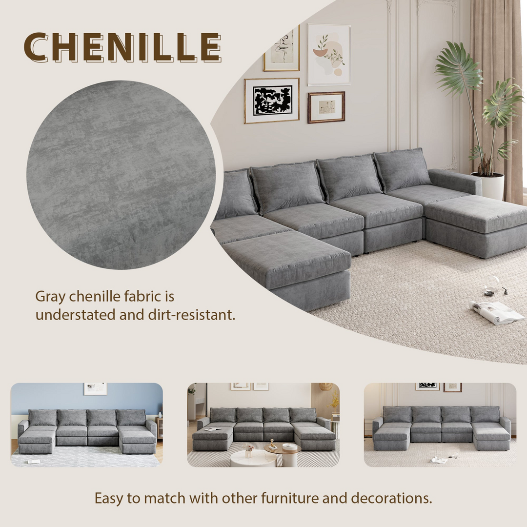115*58" Chenille Modular Sectional Sofa,U Shaped Reversible Couch,Free Combination,6 Seat Sleeper Sofa Bed with Ottoman,Convertible Oversized Indoor Furniture for Living Room,Gray