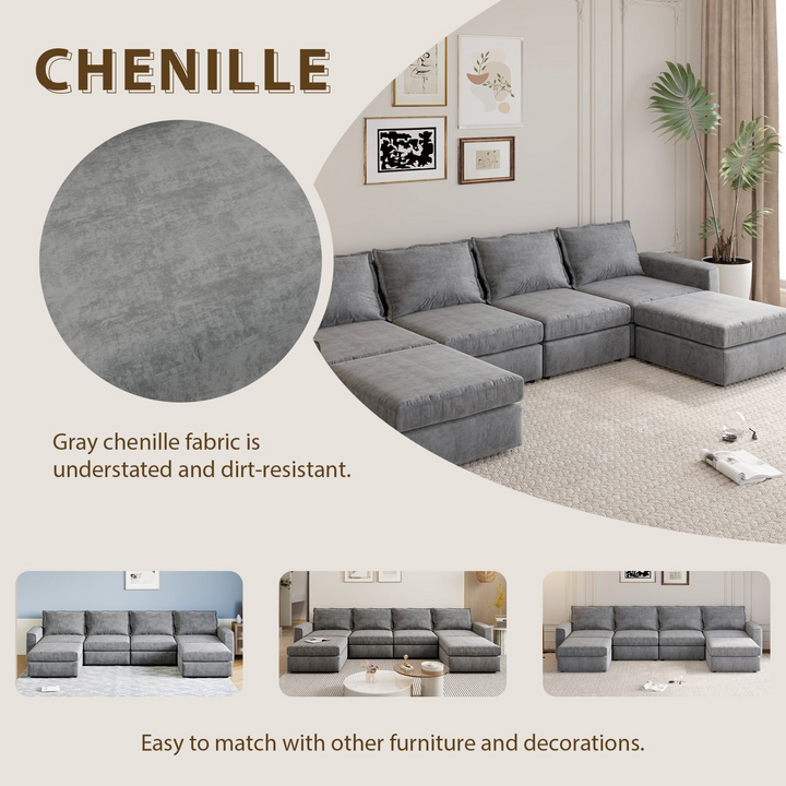 115*58" Chenille Modular Sectional Sofa,U Shaped Reversible Couch,Free Combination,6 Seat Sleeper Sofa Bed with Ottoman,Convertible Oversized Indoor Furniture for Living Room,Gray