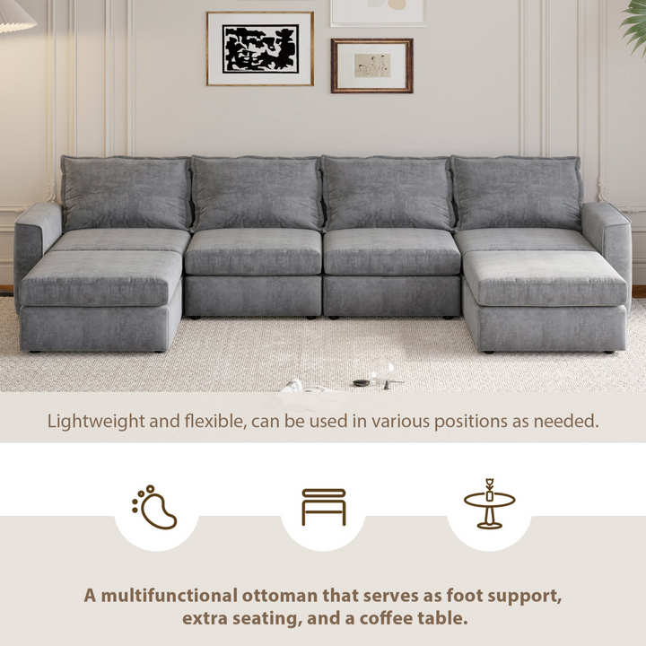 115*58" Chenille Modular Sectional Sofa,U Shaped Reversible Couch,Free Combination,6 Seat Sleeper Sofa Bed with Ottoman,Convertible Oversized Indoor Furniture for Living Room,Gray