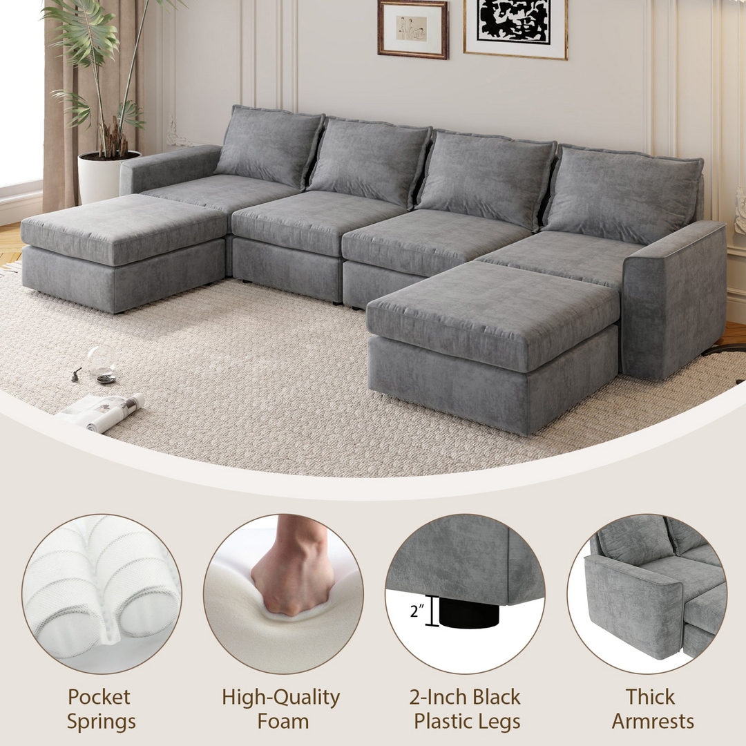 115*58" Chenille Modular Sectional Sofa,U Shaped Reversible Couch,Free Combination,6 Seat Sleeper Sofa Bed with Ottoman,Convertible Oversized Indoor Furniture for Living Room,Gray