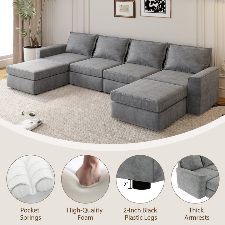 115*58" Chenille Modular Sectional Sofa,U Shaped Reversible Couch,Free Combination,6 Seat Sleeper Sofa Bed with Ottoman,Convertible Oversized Indoor Furniture for Living Room,Gray