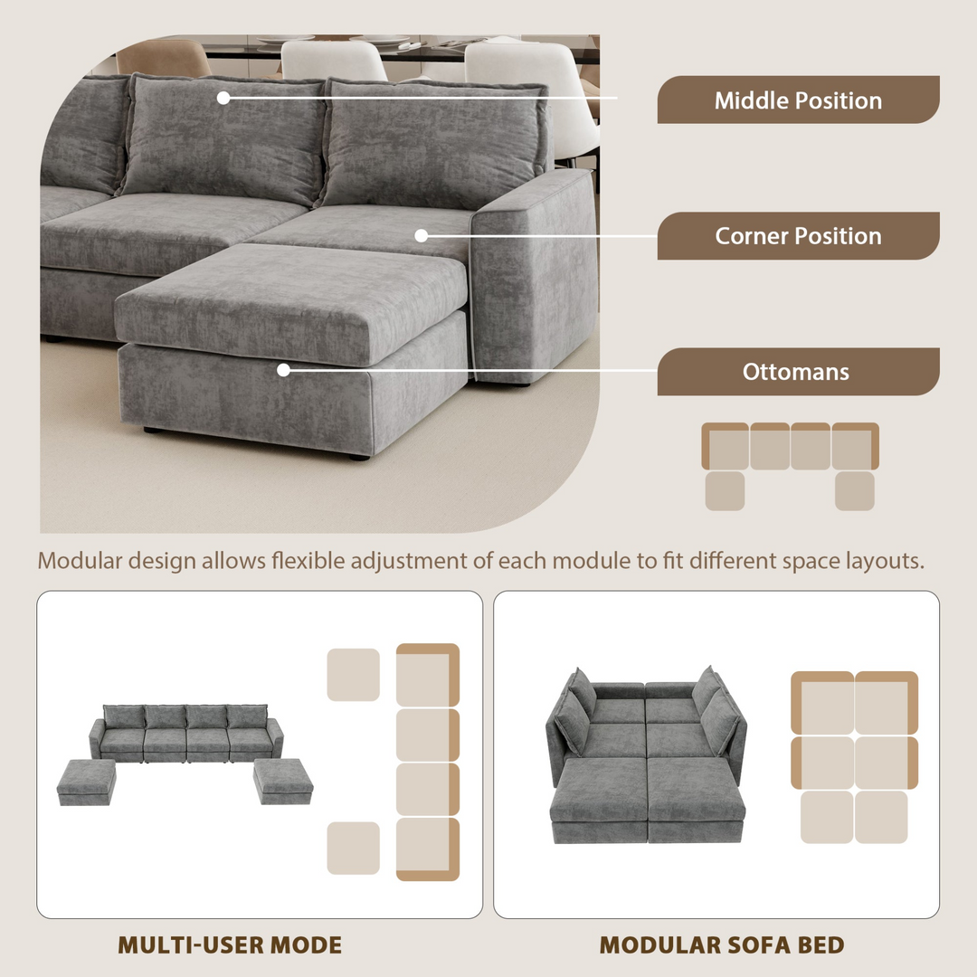 115*58" Chenille Modular Sectional Sofa,U Shaped Reversible Couch,Free Combination,6 Seat Sleeper Sofa Bed with Ottoman,Convertible Oversized Indoor Furniture for Living Room,Gray