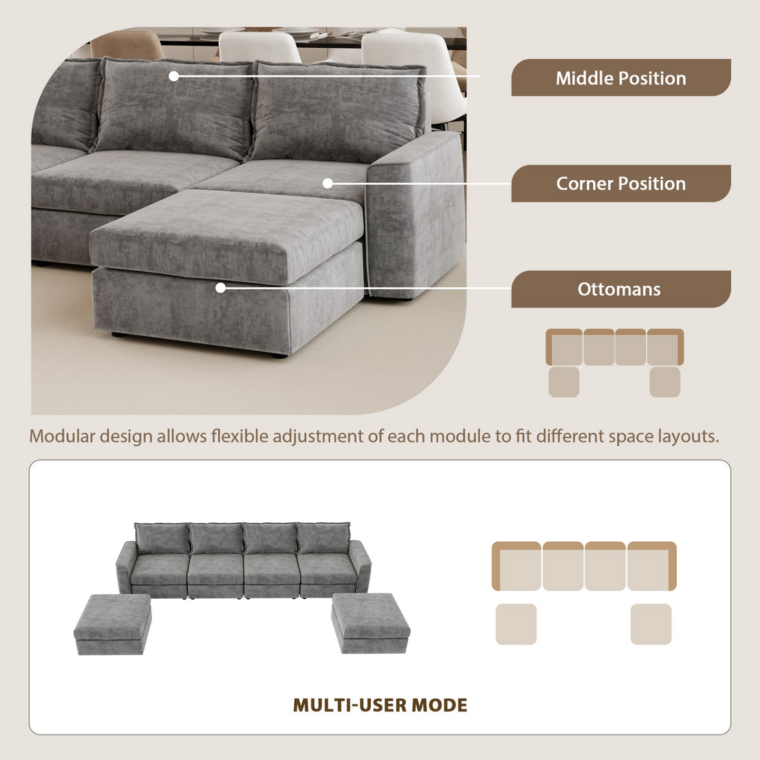 115*58" Chenille Modular Sectional Sofa,U Shaped Reversible Couch,Free Combination,6 Seat Sleeper Sofa Bed with Ottoman,Convertible Oversized Indoor Furniture for Living Room,Gray