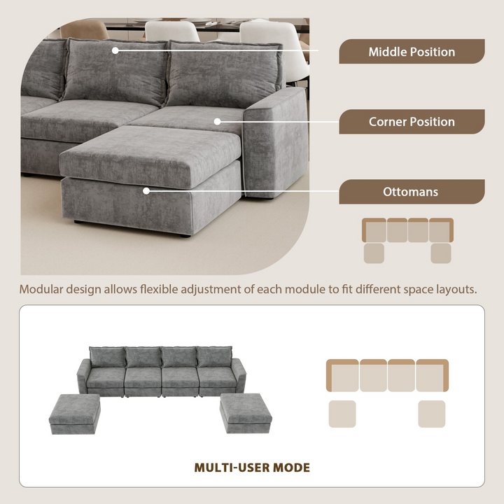 115*58" Chenille Modular Sectional Sofa,U Shaped Reversible Couch,Free Combination,6 Seat Sleeper Sofa Bed with Ottoman,Convertible Oversized Indoor Furniture for Living Room,Gray