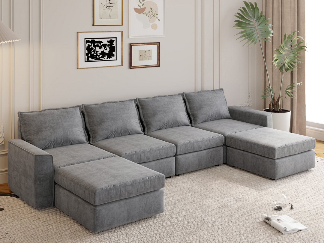 115*58" Chenille Modular Sectional Sofa,U Shaped Reversible Couch,Free Combination,6 Seat Sleeper Sofa Bed with Ottoman,Convertible Oversized Indoor Furniture for Living Room,Gray