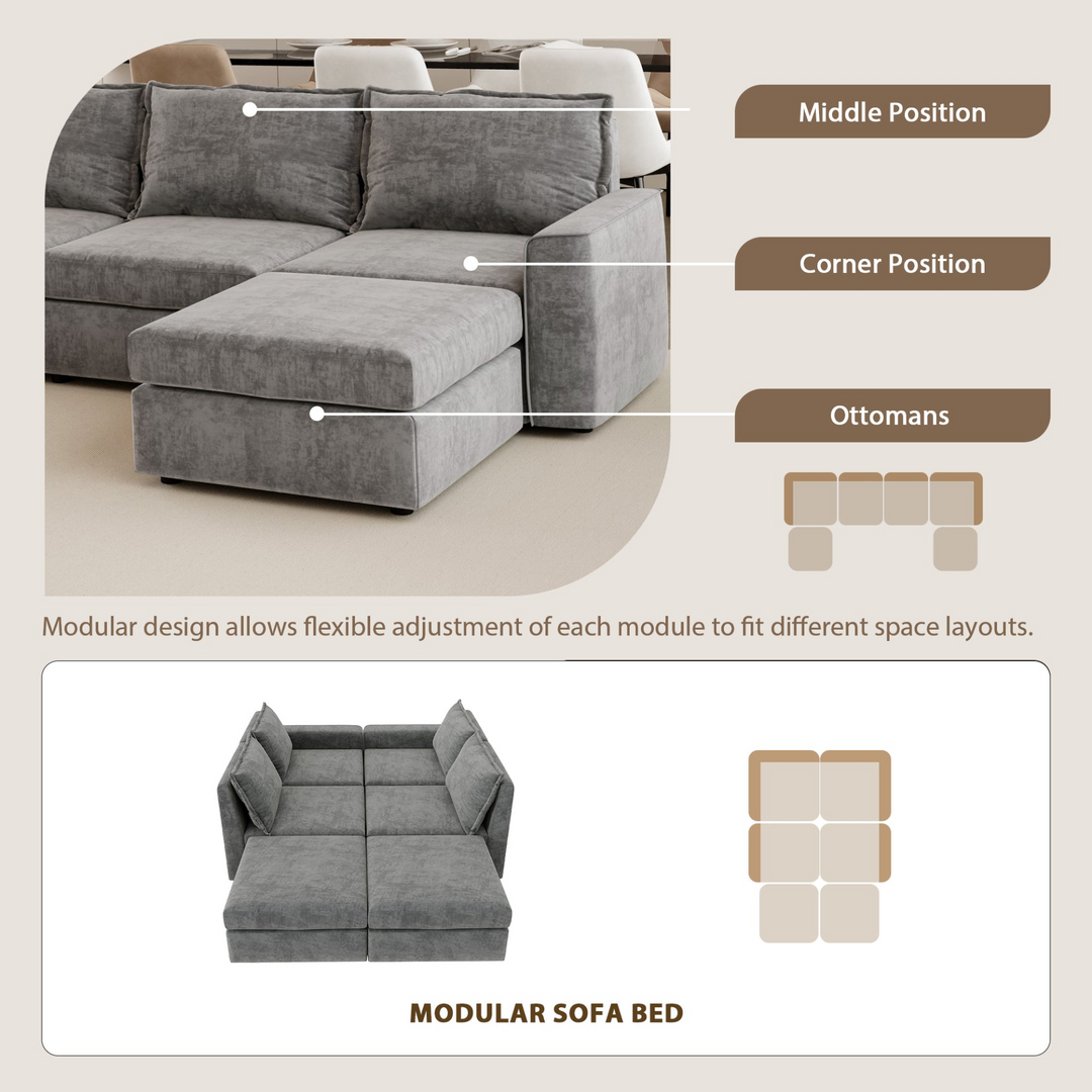 115*58" Chenille Modular Sectional Sofa,U Shaped Reversible Couch,Free Combination,6 Seat Sleeper Sofa Bed with Ottoman,Convertible Oversized Indoor Furniture for Living Room,Gray