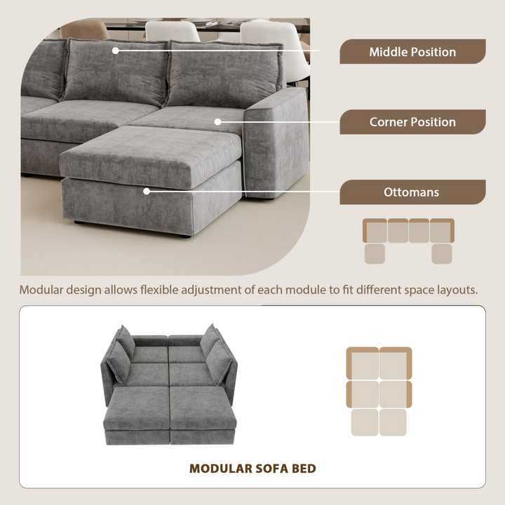 115*58" Chenille Modular Sectional Sofa,U Shaped Reversible Couch,Free Combination,6 Seat Sleeper Sofa Bed with Ottoman,Convertible Oversized Indoor Furniture for Living Room,Gray
