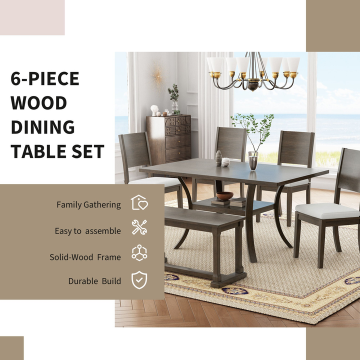 6-Piece Wood Dining Table Set with Storage Shelf and Curved Legs, Kitchen Table Set with Bench and 4 Removable Cushions Dining Chairs, Modern Style, Brown+Gray Cushion