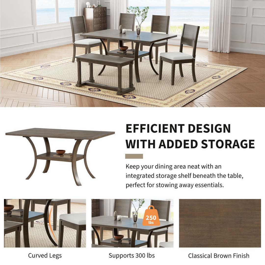 6-Piece Wood Dining Table Set with Storage Shelf and Curved Legs, Kitchen Table Set with Bench and 4 Removable Cushions Dining Chairs, Modern Style, Brown+Gray Cushion