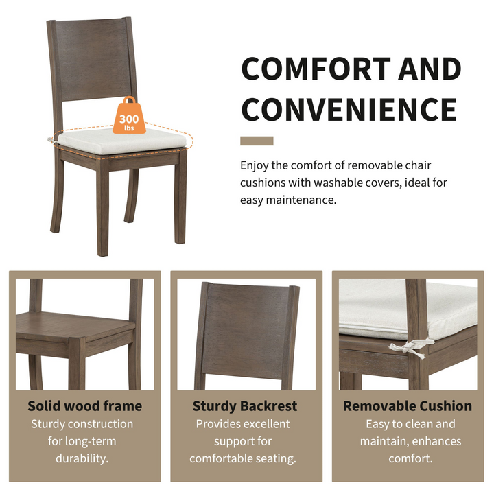 6-Piece Wood Dining Table Set with Storage Shelf and Curved Legs, Kitchen Table Set with Bench and 4 Removable Cushions Dining Chairs, Modern Style, Brown+Gray Cushion