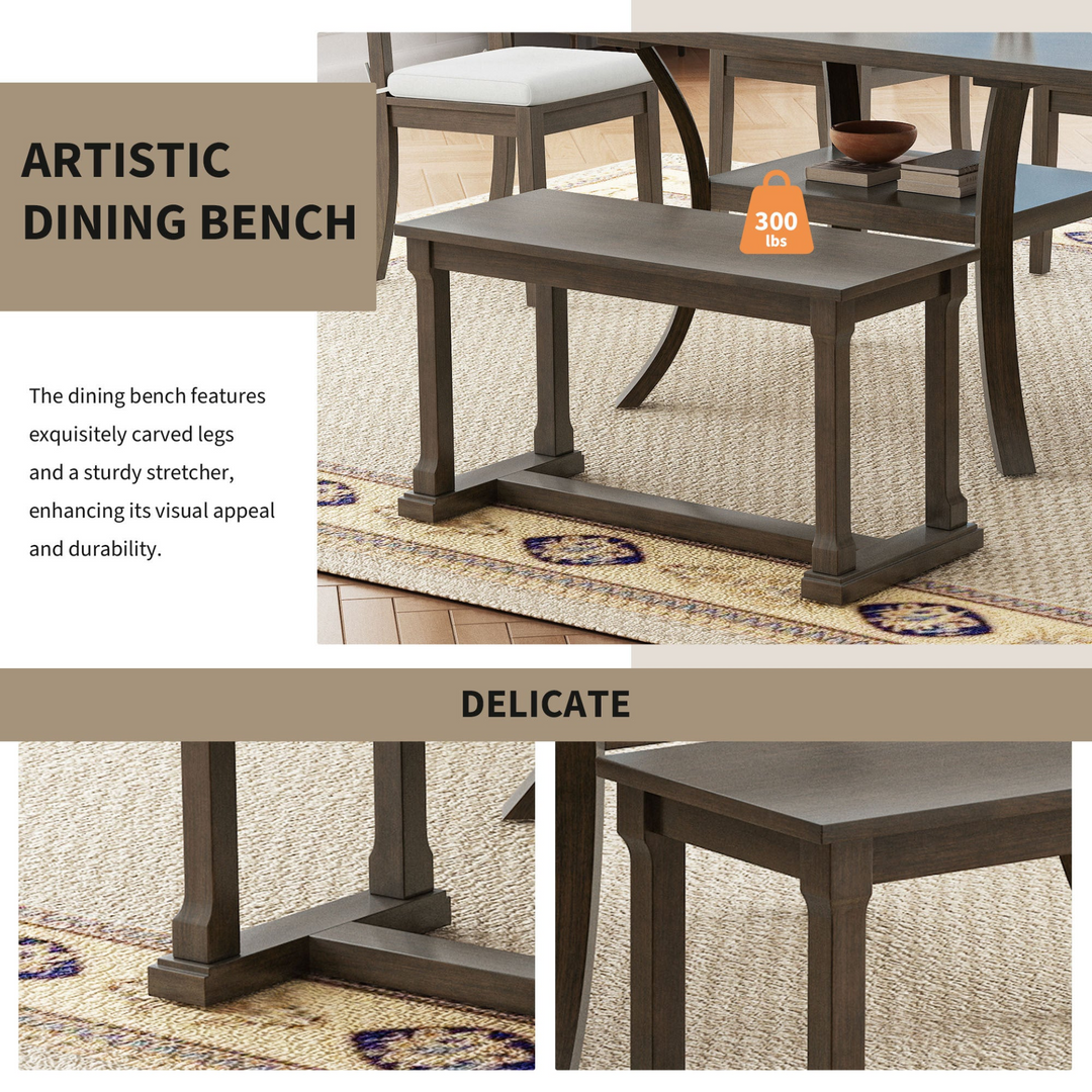 6-Piece Wood Dining Table Set with Storage Shelf and Curved Legs, Kitchen Table Set with Bench and 4 Removable Cushions Dining Chairs, Modern Style, Brown+Gray Cushion