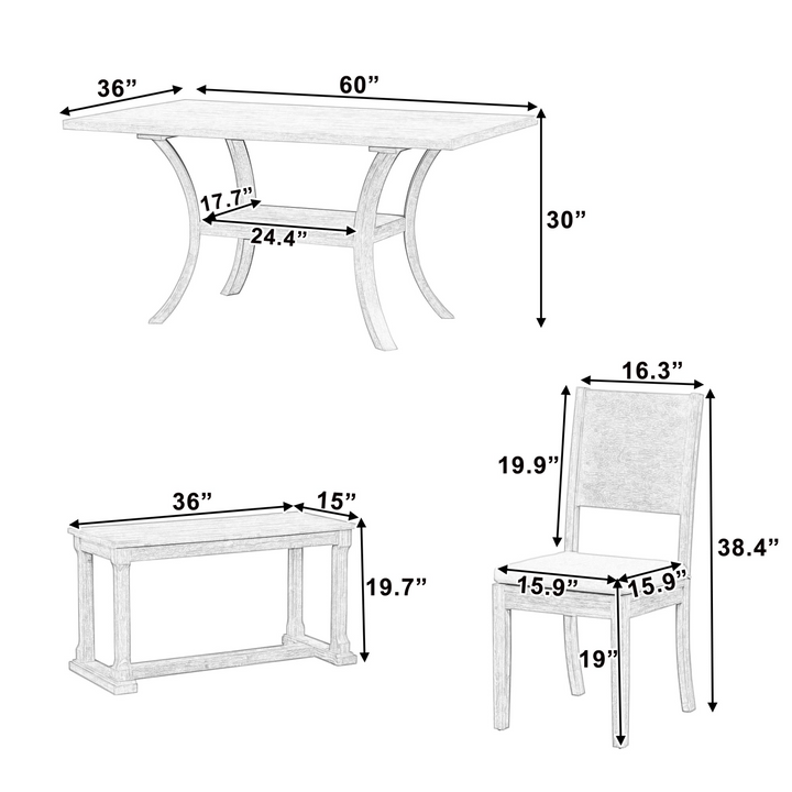 6-Piece Wood Dining Table Set with Storage Shelf and Curved Legs, Kitchen Table Set with Bench and 4 Removable Cushions Dining Chairs, Modern Style, Brown+Gray Cushion