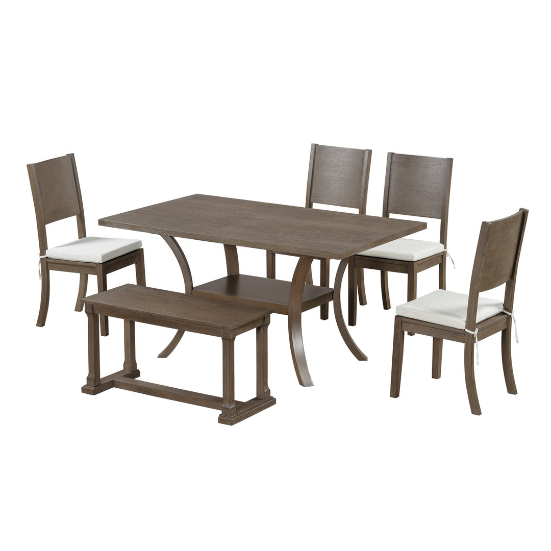 6-Piece Wood Dining Table Set with Storage Shelf and Curved Legs, Kitchen Table Set with Bench and 4 Removable Cushions Dining Chairs, Modern Style, Brown+Gray Cushion