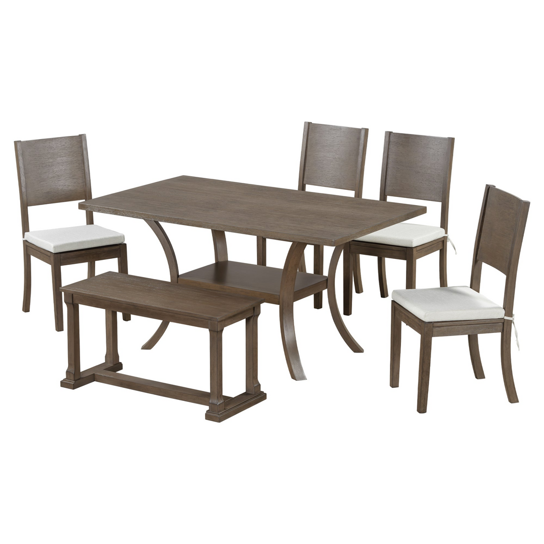 6-Piece Wood Dining Table Set with Storage Shelf and Curved Legs, Kitchen Table Set with Bench and 4 Removable Cushions Dining Chairs, Modern Style, Brown+Gray Cushion