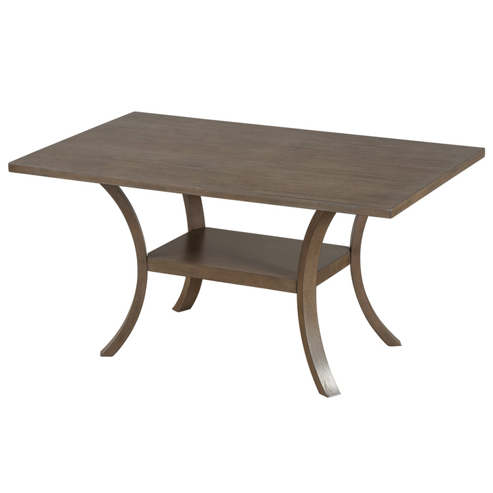 6-Piece Wood Dining Table Set with Storage Shelf and Curved Legs, Kitchen Table Set with Bench and 4 Removable Cushions Dining Chairs, Modern Style, Brown+Gray Cushion