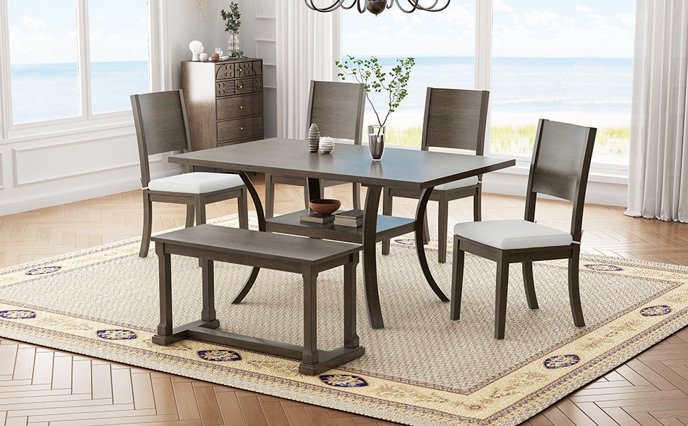 6-Piece Wood Dining Table Set with Storage Shelf and Curved Legs, Kitchen Table Set with Bench and 4 Removable Cushions Dining Chairs, Modern Style, Brown+Gray Cushion