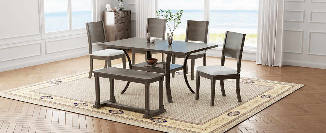 6-Piece Wood Dining Table Set with Storage Shelf and Curved Legs, Kitchen Table Set with Bench and 4 Removable Cushions Dining Chairs, Modern Style, Brown+Gray Cushion