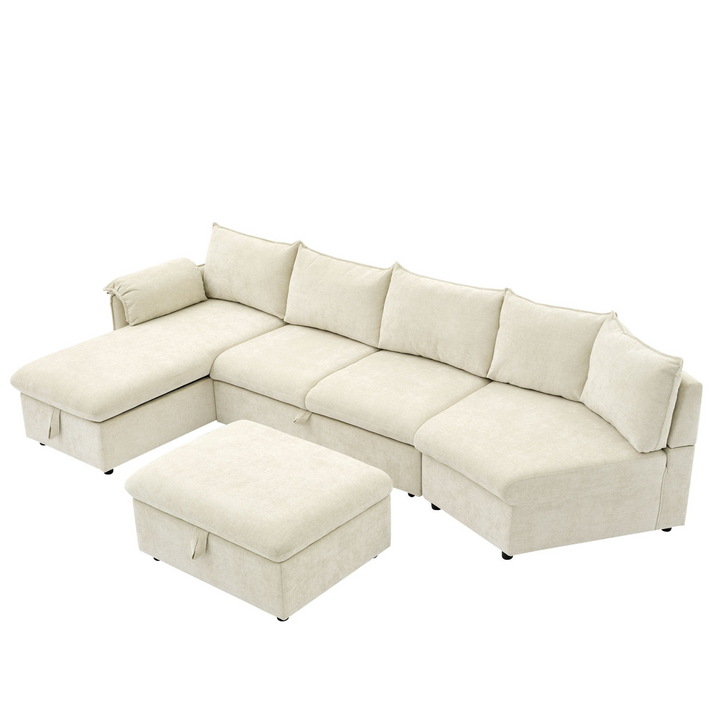 146.9" L-shaped Sofa Sectional Sofa Couch Pull-out Sofa Bed with a Movable Storage Ottoman, a Storage Chaise Lounge and Two USB Ports for Living Room, Beige
