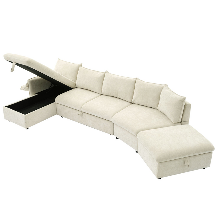 146.9" L-shaped Sofa Sectional Sofa Couch Pull-out Sofa Bed with a Movable Storage Ottoman, a Storage Chaise Lounge and Two USB Ports for Living Room, Beige