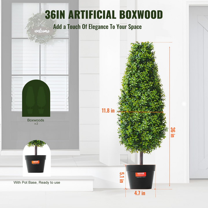 VEVOR 2 Pack 3' Artificial Boxwood Topiary Tree Faux Plant UV Decor In/Outdoor