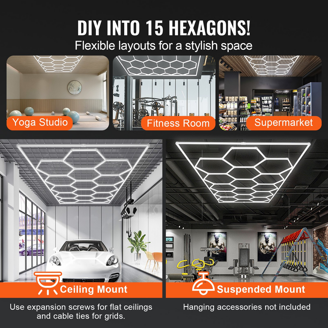 VEVOR Hexagon Garage Lights 66300LM – 15 Grids Honeycomb LED Ceiling Light for Shops & Garages, 6500K Daylight, Energy Efficient & Durable