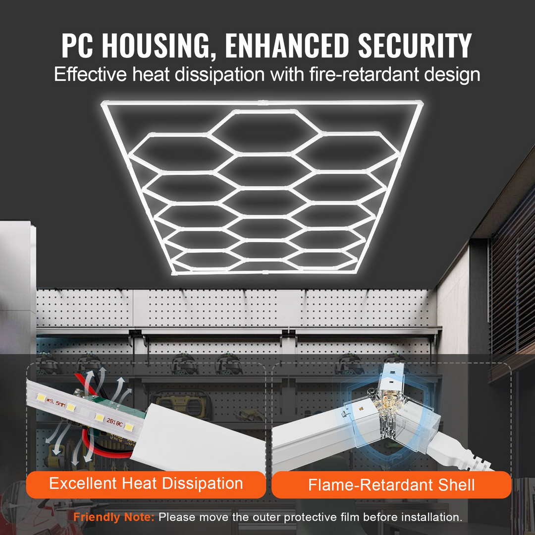 VEVOR Hexagon Garage Lights 66300LM – 15 Grids Honeycomb LED Ceiling Light for Shops & Garages, 6500K Daylight, Energy Efficient & Durable