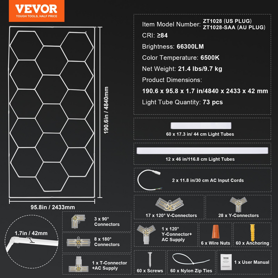 VEVOR Hexagon Garage Lights 66300LM – 15 Grids Honeycomb LED Ceiling Light for Shops & Garages, 6500K Daylight, Energy Efficient & Durable