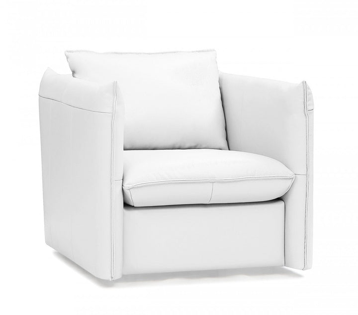 36" White Genuine Leather And Silver Swivel Accent Chair-1