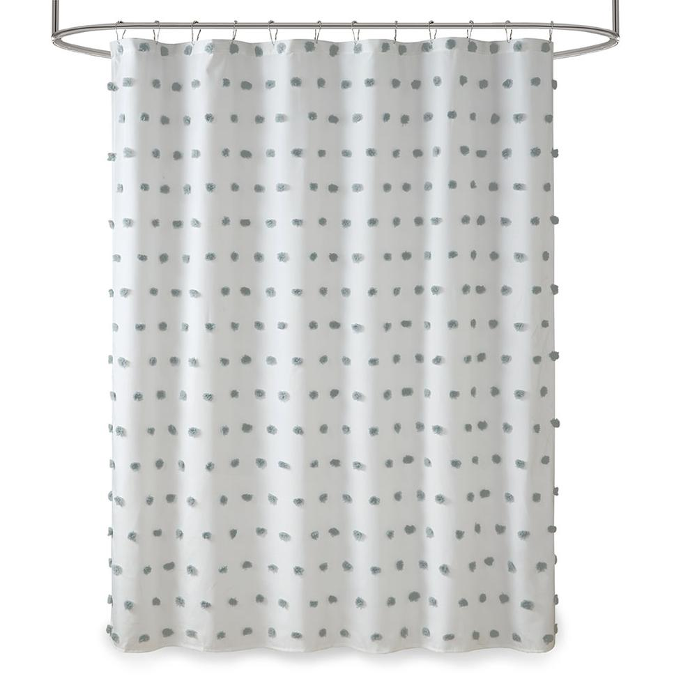 Madison Park Sophie Shower Curtain - White with Soft Grey Pom Poms - 72x72 Inches - Machine Washable