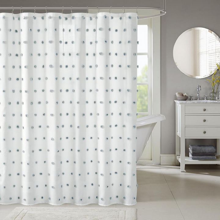 Madison Park Sophie Shower Curtain - White with Soft Grey Pom Poms - 72x72 Inches - Machine Washable