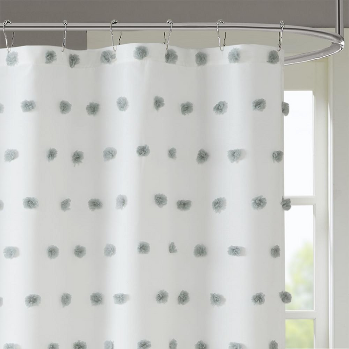 Madison Park Sophie Shower Curtain - White with Soft Grey Pom Poms - 72x72 Inches - Machine Washable