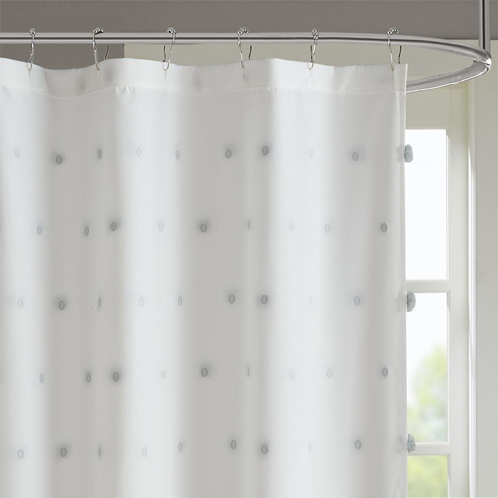 Madison Park Sophie Shower Curtain - White with Soft Grey Pom Poms - 72x72 Inches - Machine Washable