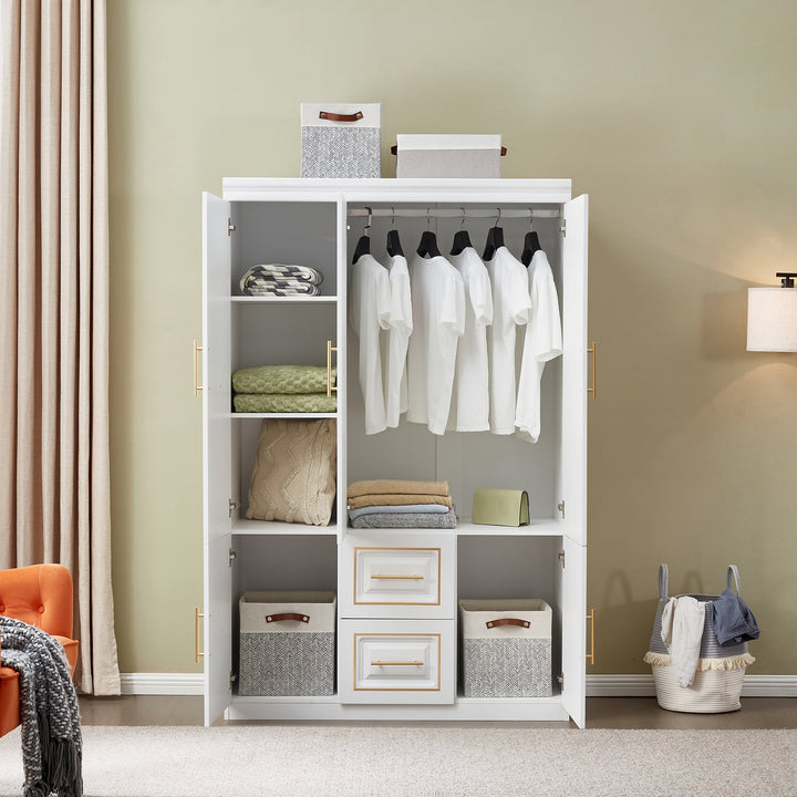 Armoire Wardrobe  74" H 3 Doors 2 Drawers White Bedroom Wardrobe Armoire Closet Freestanding Clothes Storage Armoire Organizer with Hanging Rod Shelves Clothes Cabinet for Bathrooms Clothes Storage-2