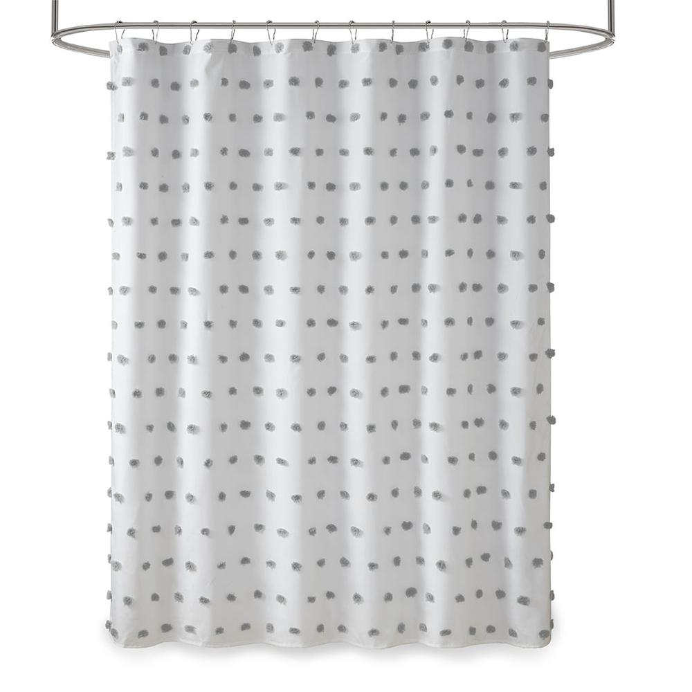 Madison Park Sophie Shower Curtain - White with Soft Grey Pom Poms - 72x72 Inches - Machine Washable