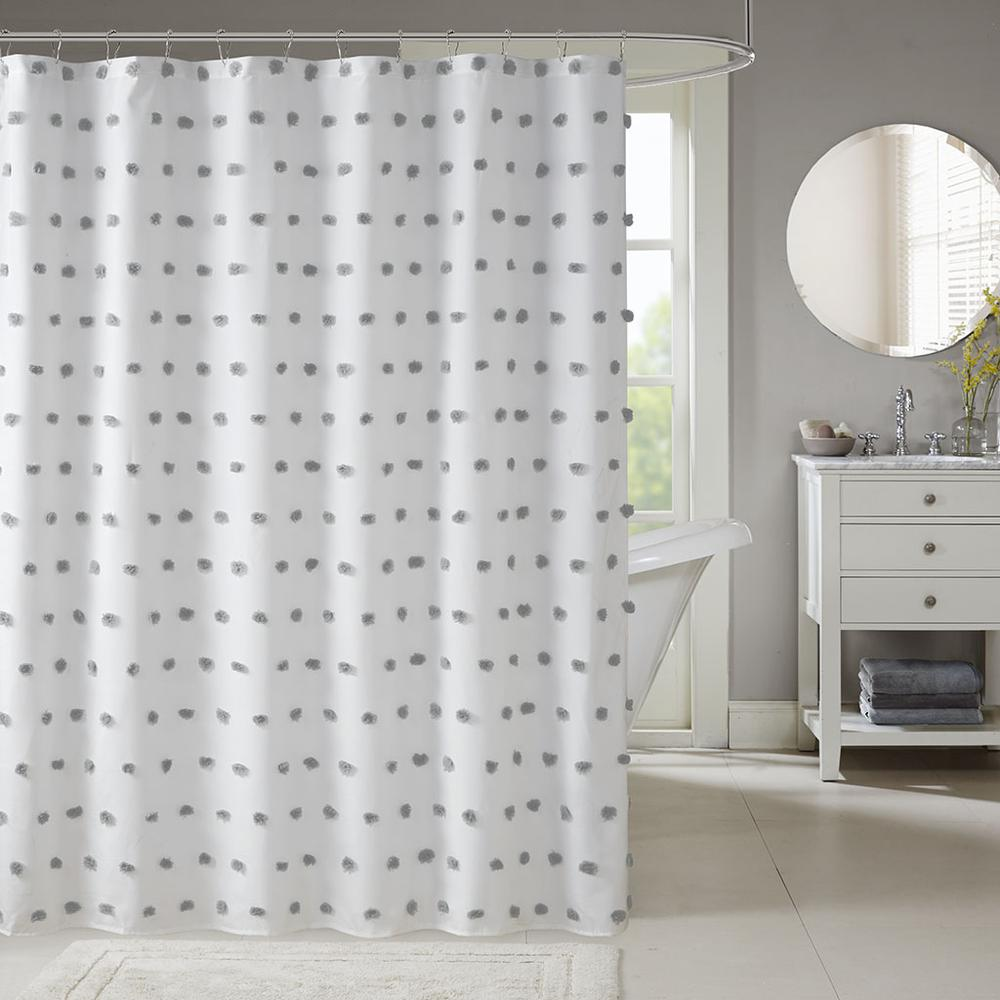 Madison Park Sophie Shower Curtain - White with Soft Grey Pom Poms - 72x72 Inches - Machine Washable