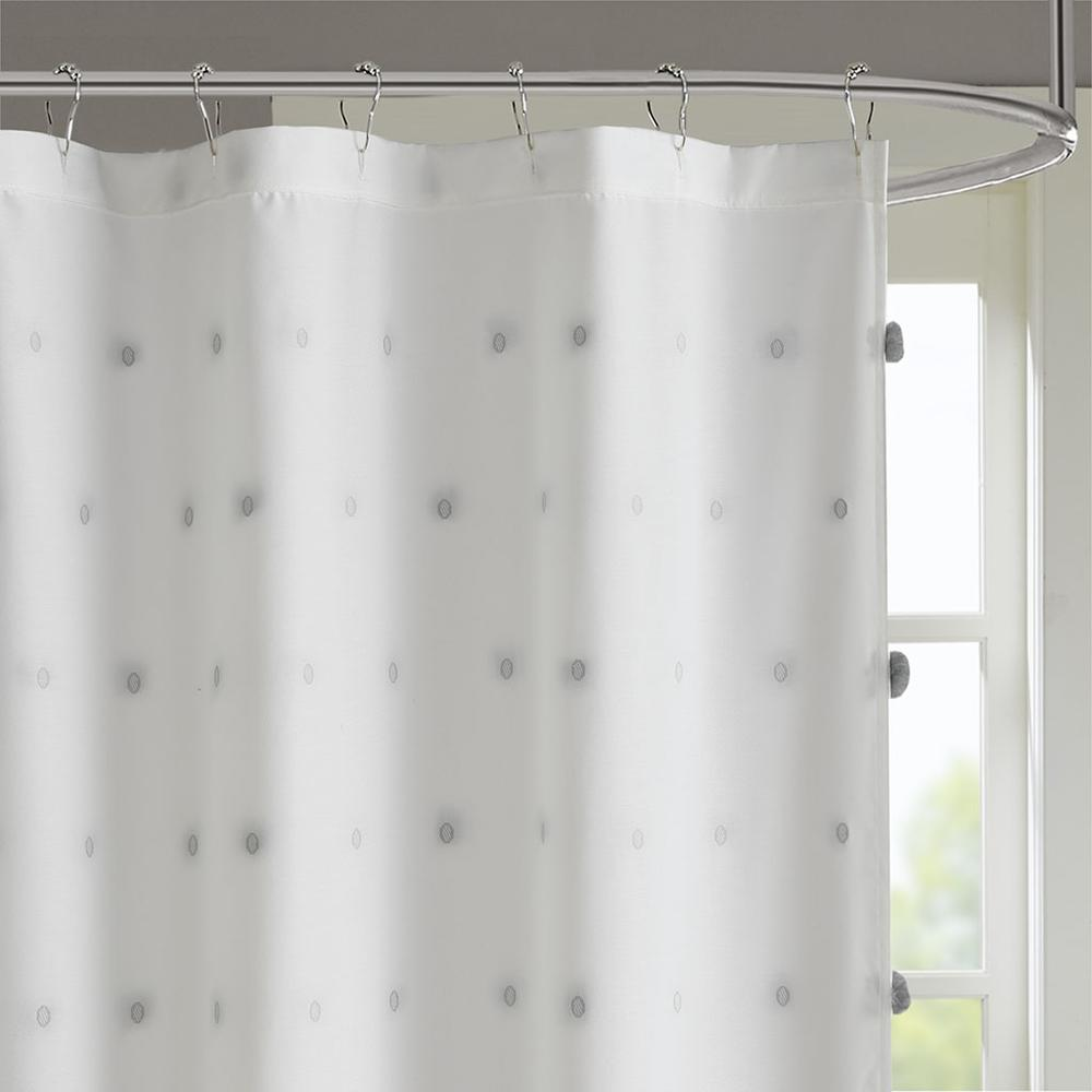 Madison Park Sophie Shower Curtain - White with Soft Grey Pom Poms - 72x72 Inches - Machine Washable