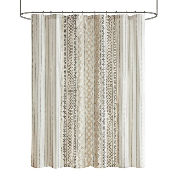 INK+IVY Imani Cotton Printed Shower Curtain with Chenille Stripe - Ivory Aztec Design