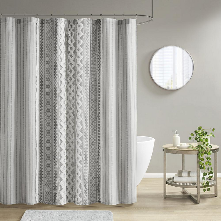 INK+IVY Imani Cotton Printed Shower Curtain with Chenille Stripe - Ivory Aztec Design