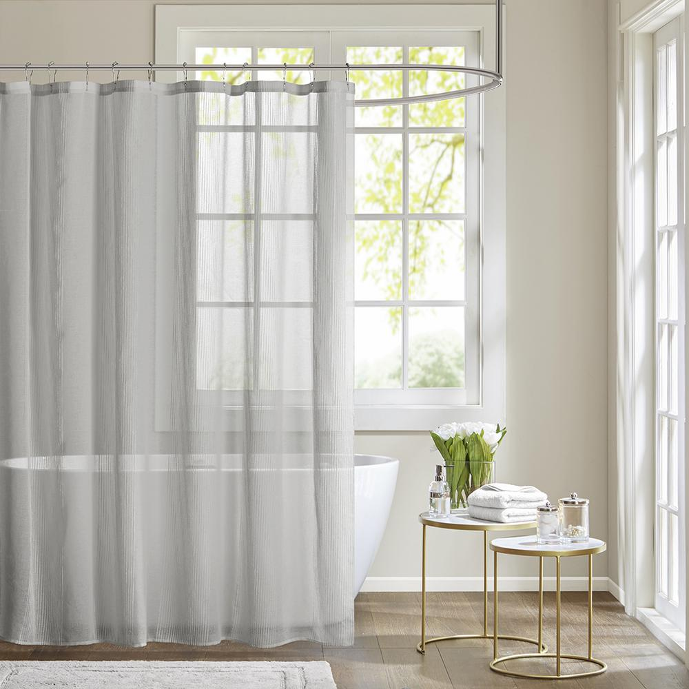 Madison Park Sophie Shower Curtain - White with Soft Grey Pom Poms - 72x72 Inches - Machine Washable