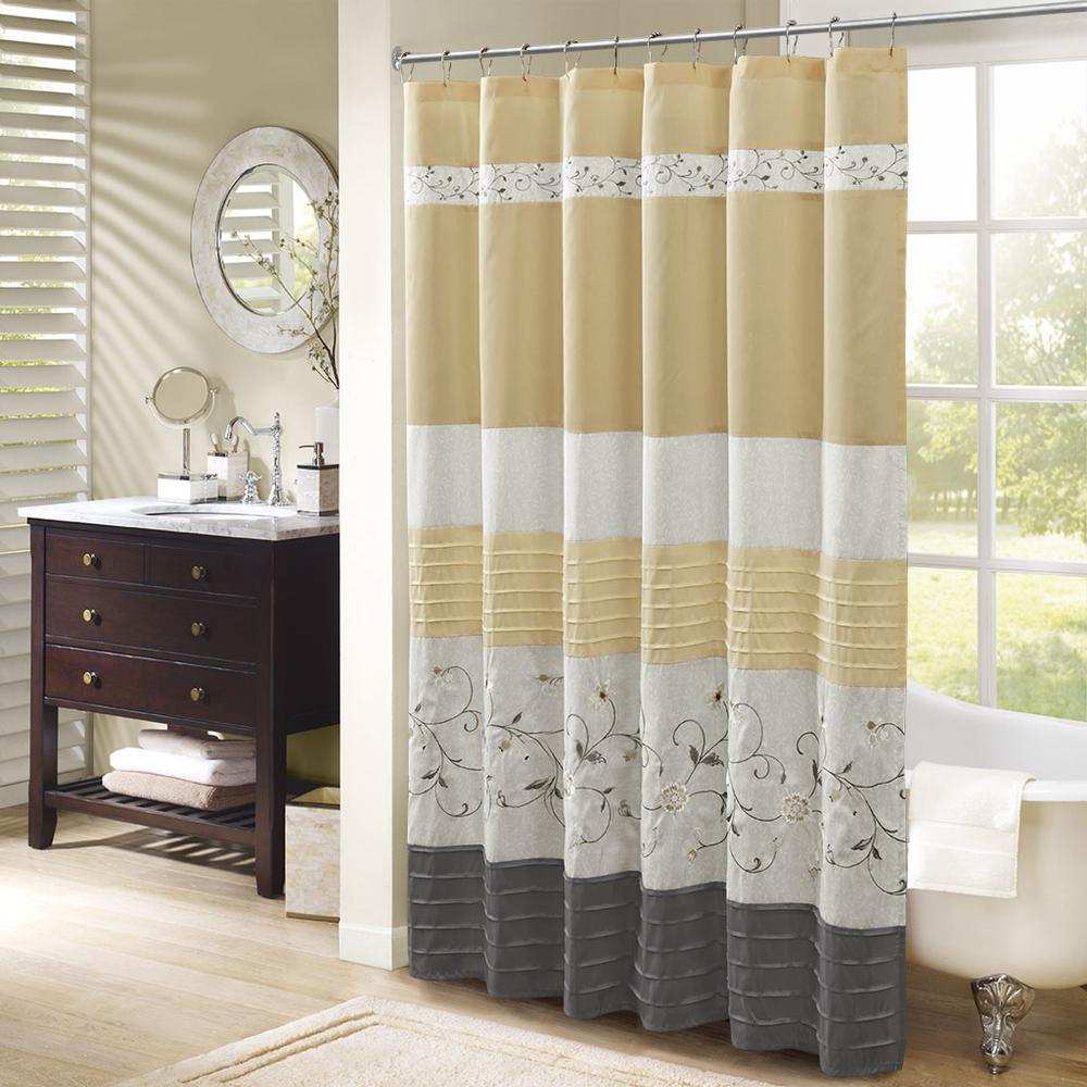 Madison Park Serene Shower Curtain - Soft Yellow with Floral Embroidery - 72x72 Inches - Machine Washable