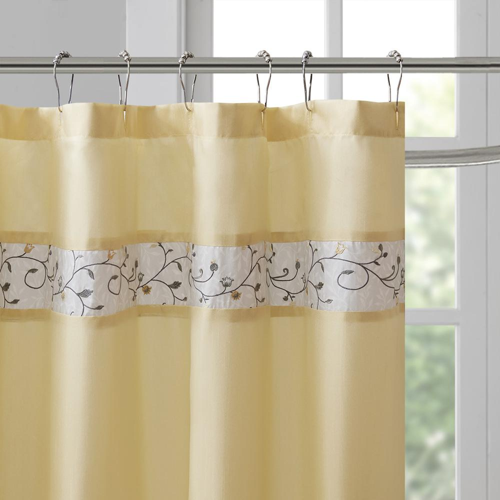 Madison Park Serene Shower Curtain - Soft Yellow with Floral Embroidery - 72x72 Inches - Machine Washable