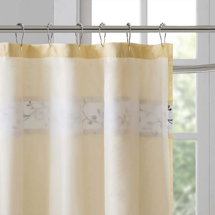 Madison Park Serene Shower Curtain - Soft Yellow with Floral Embroidery - 72x72 Inches - Machine Washable