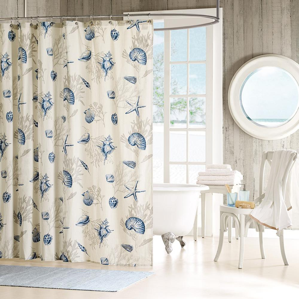 Madison Park Bayside Coastal Printed Shower Curtain - Blue and Taupe Seashell Motif