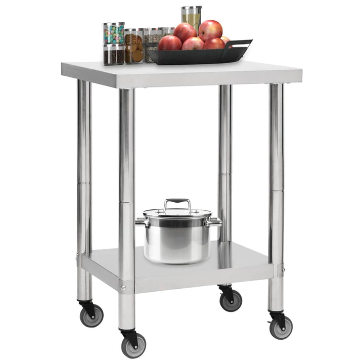 vidaXL Kitchen Work Table Hotel Prep Work Table with Wheels Stainless Steel-26