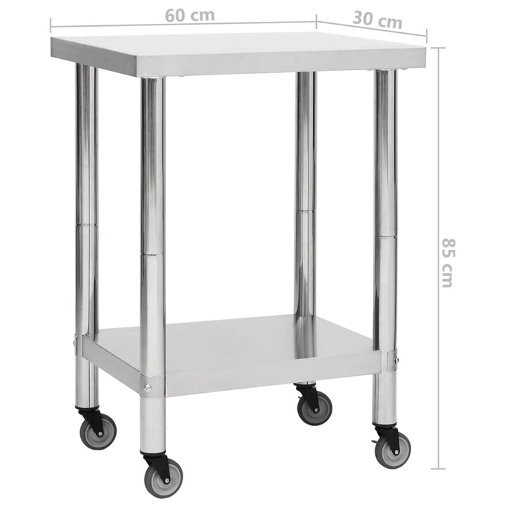 vidaXL Kitchen Work Table Hotel Prep Work Table with Wheels Stainless Steel-19