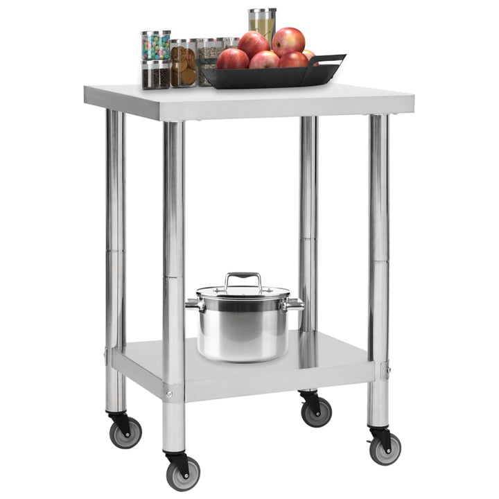 vidaXL Kitchen Work Table Hotel Prep Work Table with Wheels Stainless Steel-7